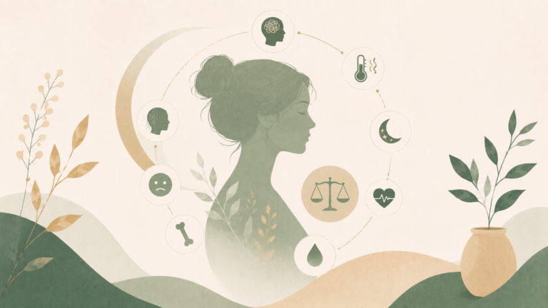 Minimalist editorial illustration of a female silhouette surrounded by symbols representing low estrogen symptoms, including mood changes, hot flashes, sleep, bone health, heart health, and hormonal balance in soft sage green and cream tones.