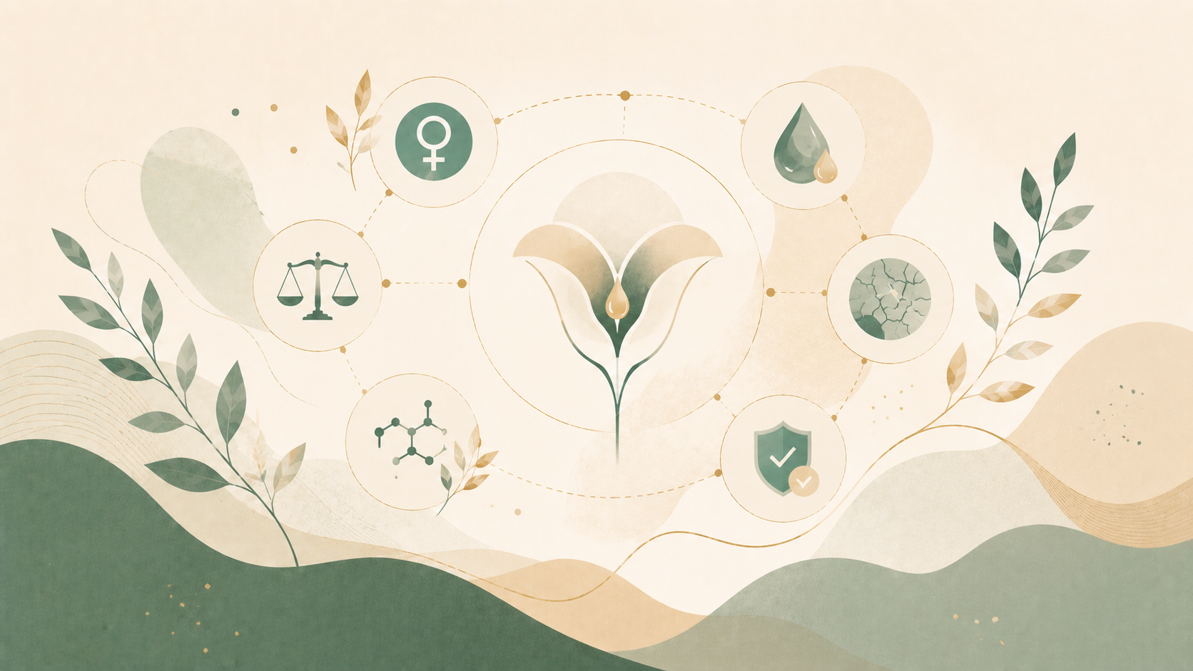 Minimalist editorial illustration with symbolic elements representing vaginal dryness, hormonal balance, moisture, and intimate health in soft sage green, cream, and muted gold tones.