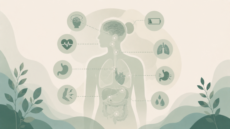 Minimalist editorial illustration of a gender-neutral human silhouette showing common physical symptoms of anxiety affecting the brain, heart, lungs, stomach, muscles, and digestive system in soft sage green, eucalyptus, misty sage, warm cream, and muted blue-green tones.