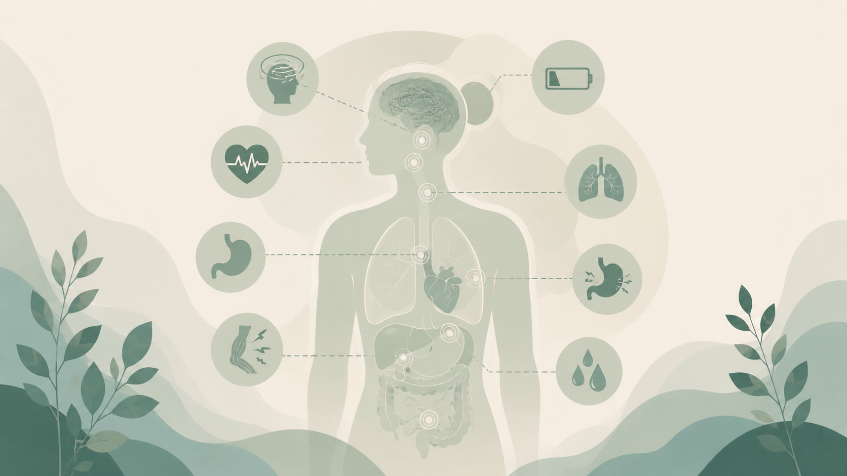 Minimalist editorial illustration of a gender-neutral human silhouette showing common physical symptoms of anxiety affecting the brain, heart, lungs, stomach, muscles, and digestive system in soft sage green, eucalyptus, misty sage, warm cream, and muted blue-green tones.