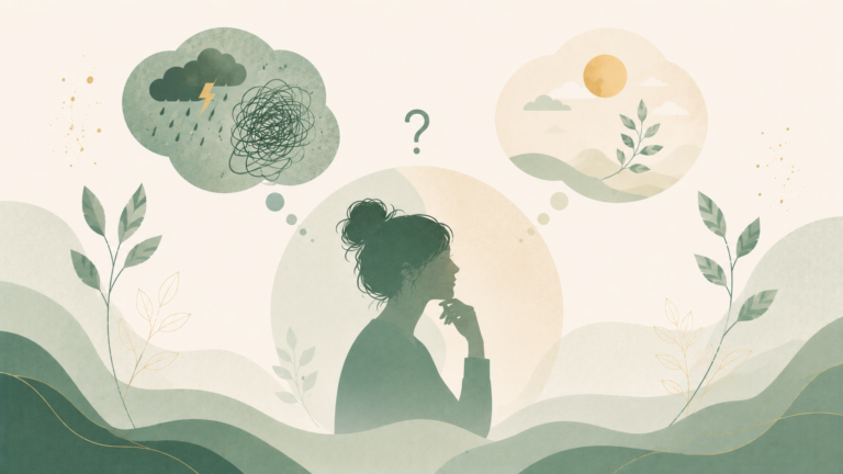 Minimalist editorial illustration comparing anxiety and stress with symbolic elements representing racing thoughts, temporary stress, calm, recovery, and emotional balance in soft sage green, mint green, cream, and muted gold tones.