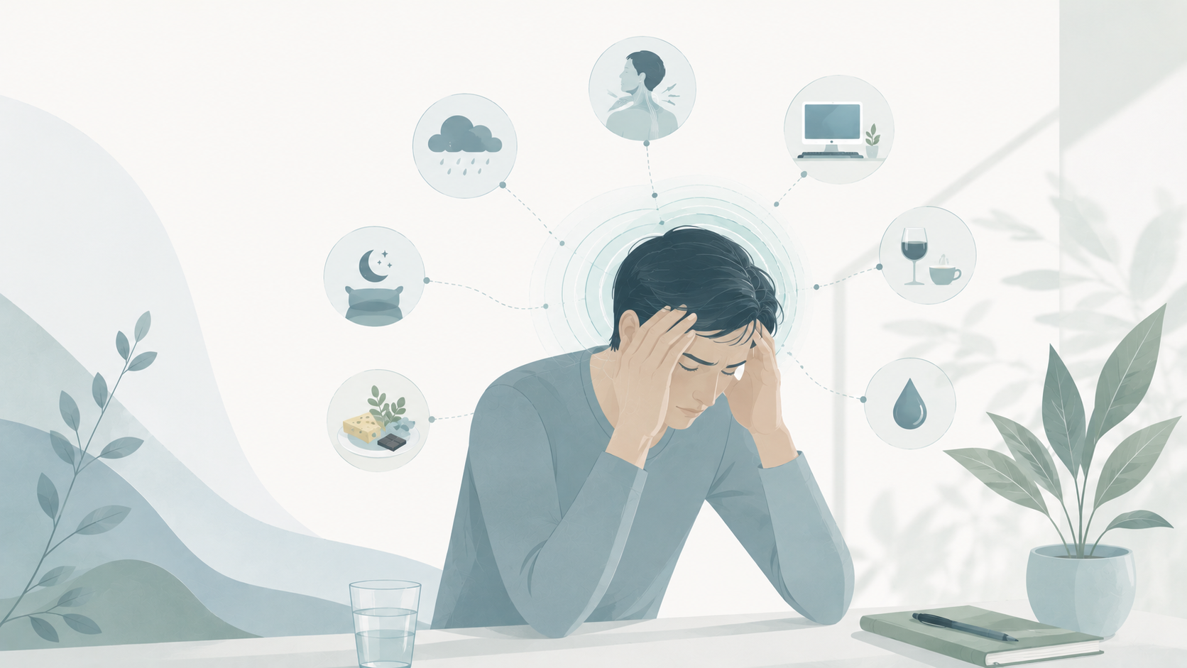 Minimalist editorial illustration of a person holding their head with abstract symbols representing common headache triggers, including stress, poor sleep, dehydration, prolonged screen time, muscle tension, and nutrition. Soft blue and sage tones create a calm, educational visual explaining how different everyday factors can contribute to headaches.