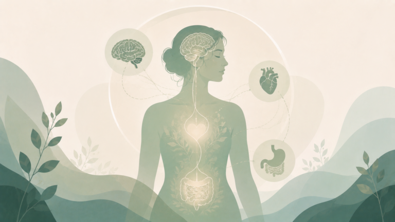 Minimalist editorial illustration showing the connection between the brain, heart, and digestive system through a calm human silhouette, symbolizing the mind-body connection in soft sage green, eucalyptus, misty sage, warm cream, and muted blue-green tones.
