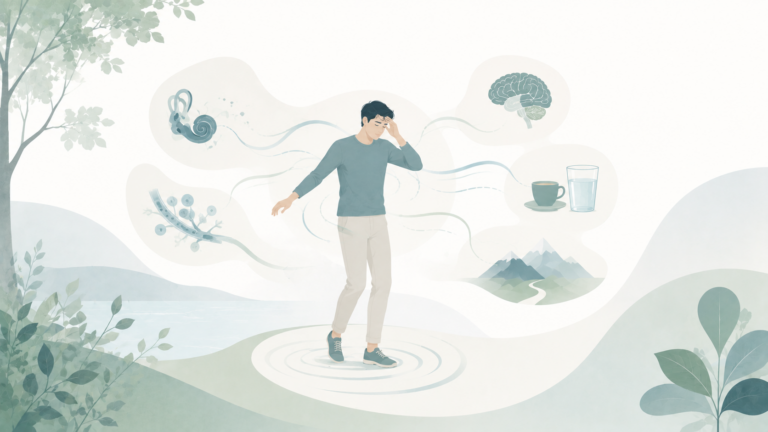 Minimalist editorial illustration of a person experiencing dizziness, with symbolic elements representing the body’s balance system in soft blue and sage tones.