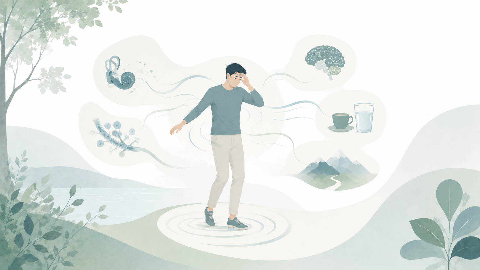 Minimalist editorial illustration of a person experiencing dizziness, with symbolic elements representing the body’s balance system in soft blue and sage tones.
