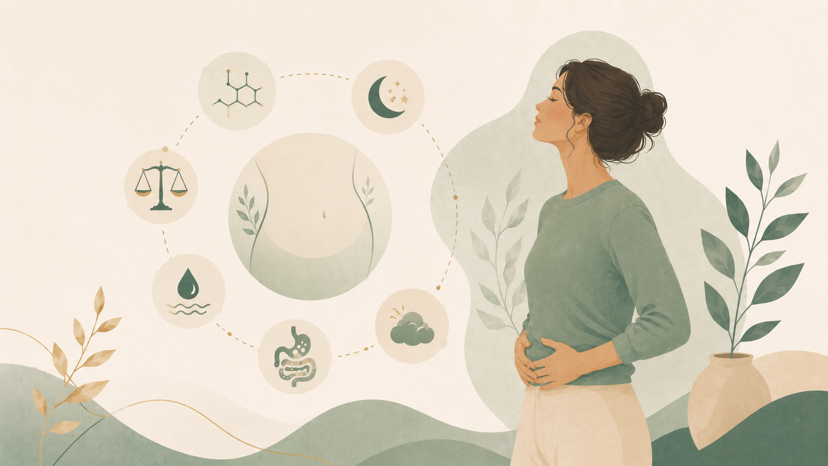 Minimalist editorial illustration of a woman holding her abdomen with symbolic icons representing bloating, digestion, hormones, water retention, and the menstrual cycle in soft sage green and cream tones.