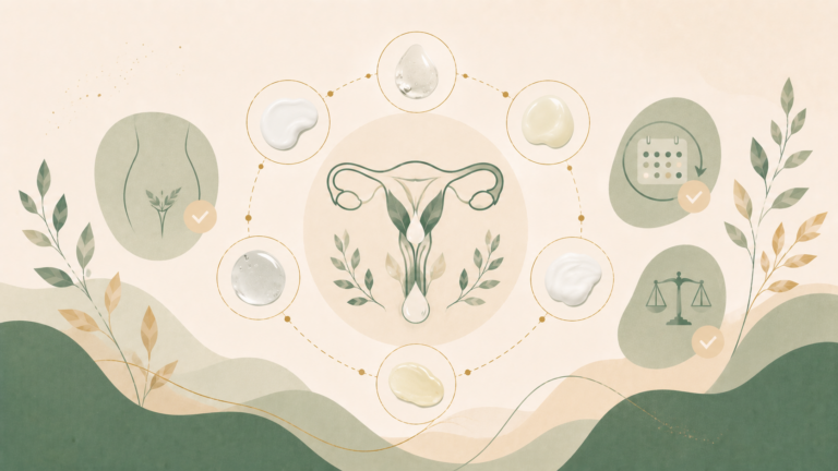 Minimalist editorial illustration showing symbolic elements representing normal vaginal discharge, menstrual cycle changes, and intimate health in soft sage green, cream, and muted gold tones.