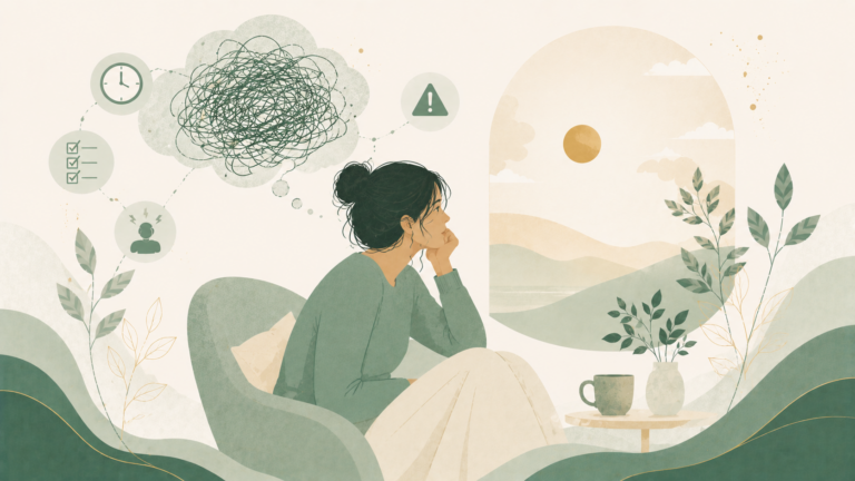 Minimalist editorial illustration representing difficulty relaxing despite being safe, with symbolic elements including persistent worry, hypervigilance, racing thoughts, and inner calm in soft sage green, mint green, cream, and muted gold tones.