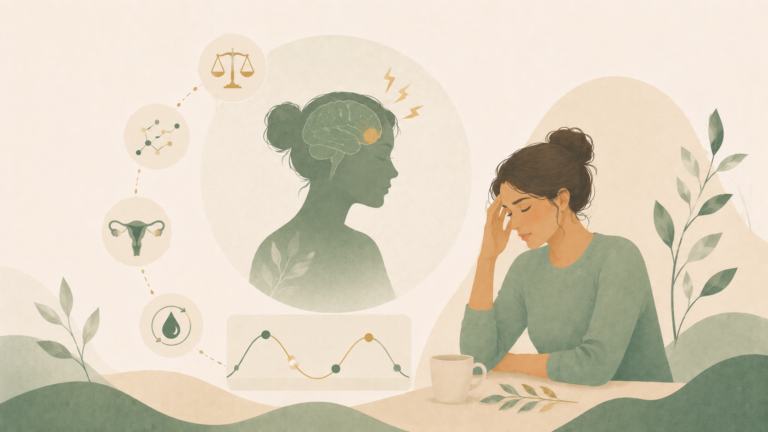 Minimalist editorial illustration of a woman with a headache alongside symbolic elements representing hormonal changes, menstrual cycles, and migraine triggers in soft sage green and cream tones.