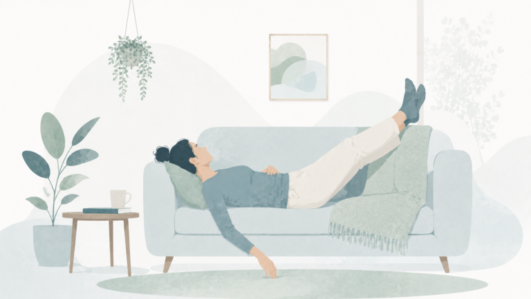Minimalist editorial illustration of a tired person lying on a sofa with legs raised, symbolizing low energy and physical weakness in soft blue and sage tones.