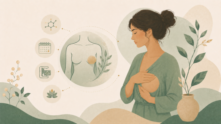 Minimalist editorial illustration of a woman performing a breast self-exam with symbolic elements representing breast pain, hormonal changes, self-checks, and breast health in soft sage green and cream tones.