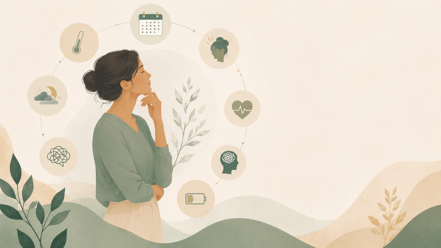 Minimalist editorial illustration of a woman surrounded by subtle symbols representing early signs of perimenopause, including hormonal changes, hot flashes, mood, sleep, energy, and heart health, in soft sage green and cream tones.
