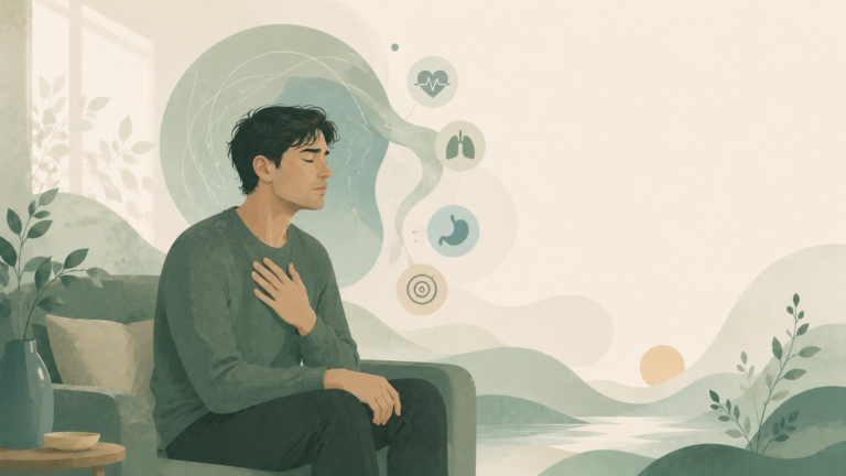 Minimalist editorial illustration of a man experiencing a panic attack, with symbolic elements representing rapid heartbeat, shortness of breath, dizziness, and overwhelming fear in soft sage green, eucalyptus, cream, and muted blue-green tones.