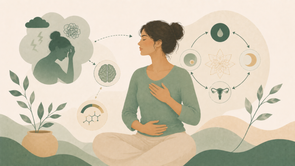 Minimalist editorial illustration showing the connection between stress and the menstrual cycle through symbolic elements representing the brain, hormones, relaxation, and reproductive health in soft sage green and cream tones.