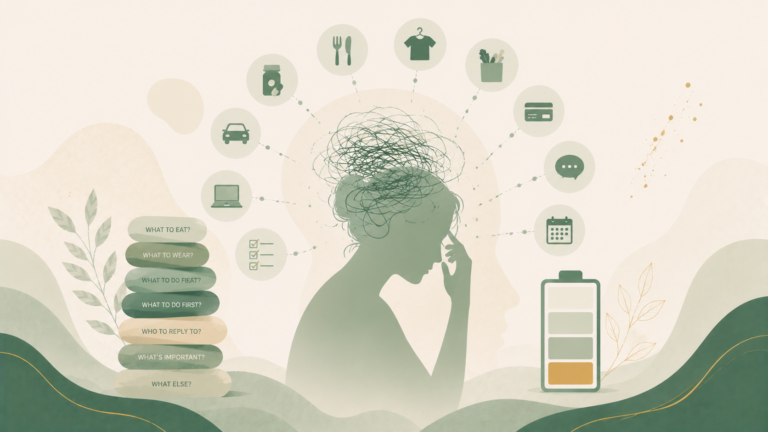 Minimalist editorial illustration representing decision fatigue with multiple everyday choices, mental overload, low mental energy, and difficulty prioritizing in soft sage green, mint green, cream, and muted gold tones.