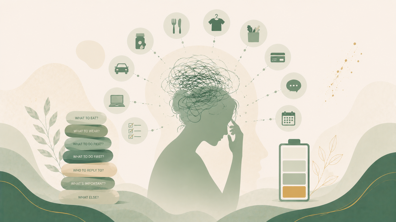 Minimalist editorial illustration representing decision fatigue with multiple everyday choices, mental overload, low mental energy, and difficulty prioritizing in soft sage green, mint green, cream, and muted gold tones.