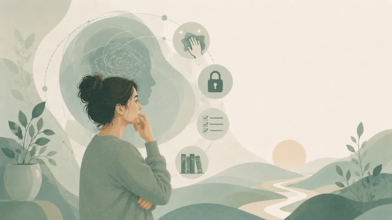 Minimalist editorial illustration representing obsessive-compulsive disorder (OCD) with symbolic elements including repetitive thoughts, checking behaviors, order, uncertainty, and mental rituals in soft sage green, eucalyptus, misty sage, warm cream, and muted blue-green tones.