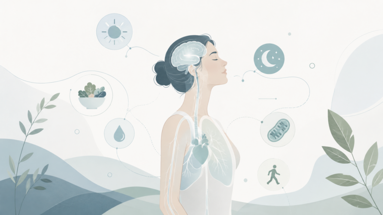 Minimalist editorial illustration of a woman with a transparent view of the brain, lungs, and heart, surrounded by simple icons representing sleep, hydration, nutrition, movement, and energy. Soft blue and sage tones symbolize how different body systems work together to maintain energy and overall health.
