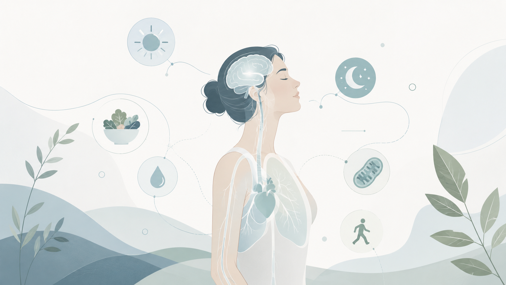 Minimalist editorial illustration of a woman with a transparent view of the brain, lungs, and heart, surrounded by simple icons representing sleep, hydration, nutrition, movement, and energy. Soft blue and sage tones symbolize how different body systems work together to maintain energy and overall health.