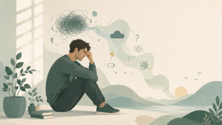 Minimalist editorial illustration of a man experiencing an anxiety disorder, seated alone in quiet reflection with subtle symbolic elements suggesting persistent worry, hypervigilance, uncertainty, and emotional tension in soft sage green, eucalyptus, cream, and muted blue-green tones.