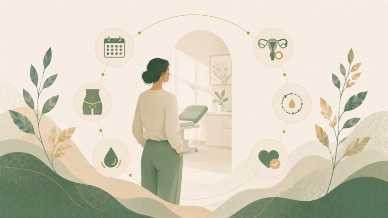 Minimalist editorial illustration of a woman entering a gynecologist’s office, surrounded by symbolic elements representing preventive care, reproductive health, menstrual changes, and routine checkups in soft sage green and cream tones.