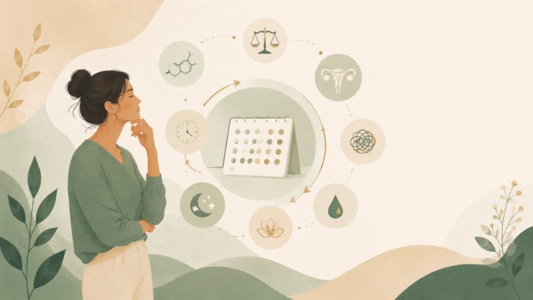 Minimalist editorial illustration of a woman beside a symbolic calendar representing irregular menstrual cycles, surrounded by icons for hormones, sleep, stress, timing, and reproductive health in soft sage green and cream tones.