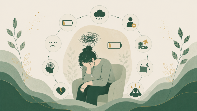 Minimalist editorial illustration representing emotional exhaustion with low energy, mental fatigue, sleep difficulties, emotional overwhelm, and reduced well-being in soft sage green, cream, and muted gold tones.