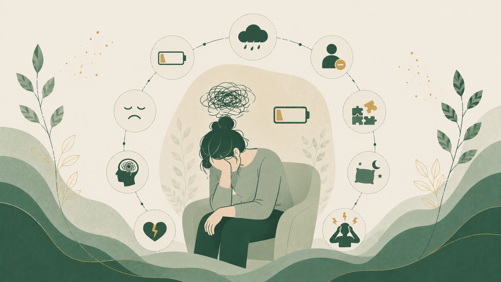 Minimalist editorial illustration representing emotional exhaustion with low energy, mental fatigue, sleep difficulties, emotional overwhelm, and reduced well-being in soft sage green, cream, and muted gold tones.