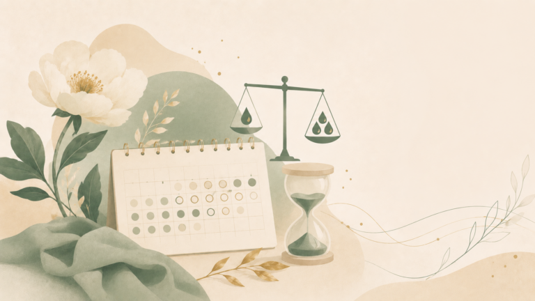 Minimalist editorial illustration featuring a calendar, balance scale, hourglass, and botanical elements symbolizing menstrual flow and cycle tracking in soft sage green and cream tones.