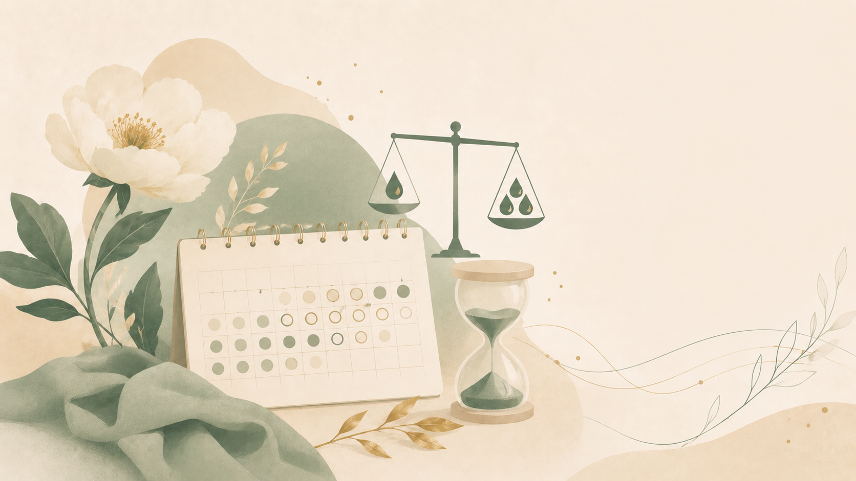 Minimalist editorial illustration featuring a calendar, balance scale, hourglass, and botanical elements symbolizing menstrual flow and cycle tracking in soft sage green and cream tones.