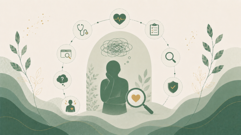 Minimalist editorial illustration representing health anxiety with symbolic elements including a magnifying glass, medical icons, racing thoughts, reassurance seeking, and emotional well-being in soft sage green, cream, and muted gold tones.