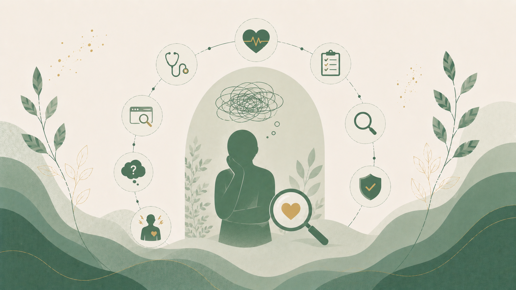 Minimalist editorial illustration representing health anxiety with symbolic elements including a magnifying glass, medical icons, racing thoughts, reassurance seeking, and emotional well-being in soft sage green, cream, and muted gold tones.