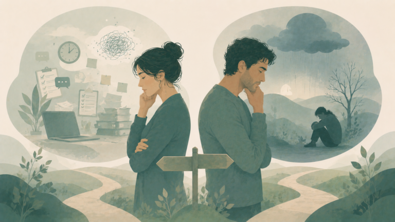 Minimalist editorial illustration comparing burnout and depression, contrasting work-related exhaustion with persistent emotional low mood through symbolic scenes of a woman overwhelmed by responsibilities and a man experiencing withdrawal in soft sage green, eucalyptus, misty sage, warm cream, and muted blue-green tones.