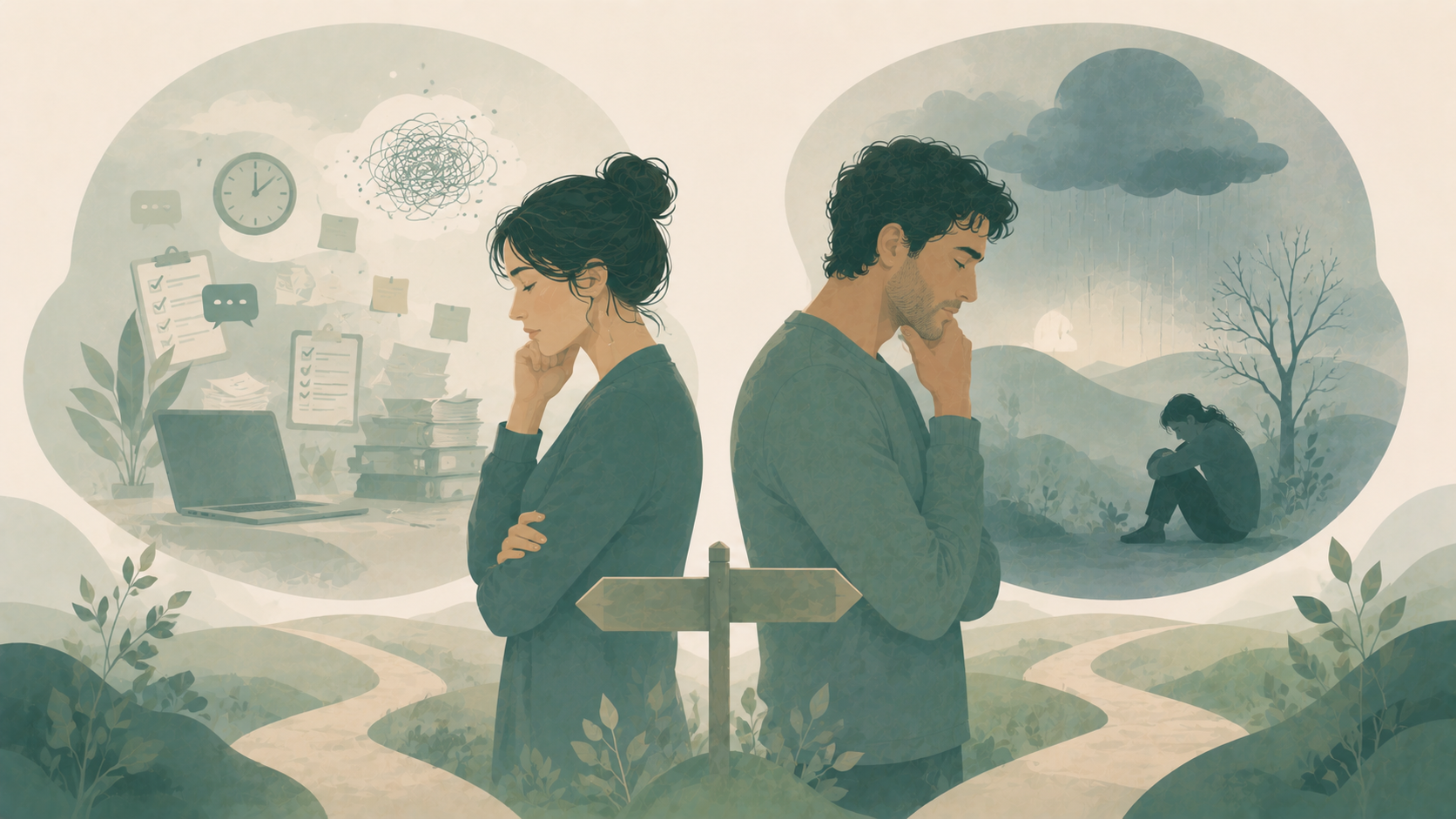Minimalist editorial illustration comparing burnout and depression, contrasting work-related exhaustion with persistent emotional low mood through symbolic scenes of a woman overwhelmed by responsibilities and a man experiencing withdrawal in soft sage green, eucalyptus, misty sage, warm cream, and muted blue-green tones.