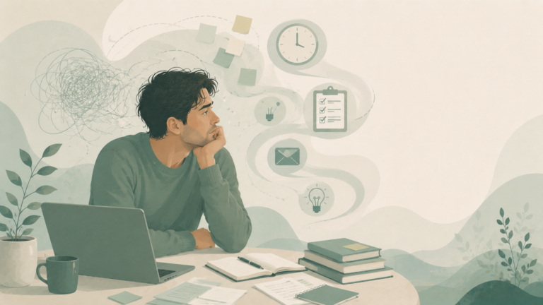 Minimalist editorial illustration of an adult man with ADHD, surrounded by everyday tasks and competing priorities that symbolize distractibility, difficulty focusing, time management challenges, and mental overload in soft sage green, eucalyptus, misty sage, warm cream, and muted blue-green tones.