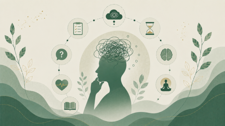 Minimalist editorial illustration representing overthinking with tangled thoughts, question marks, decision-making, mindfulness, and emotional well-being in soft sage green, cream, and muted gold tones.