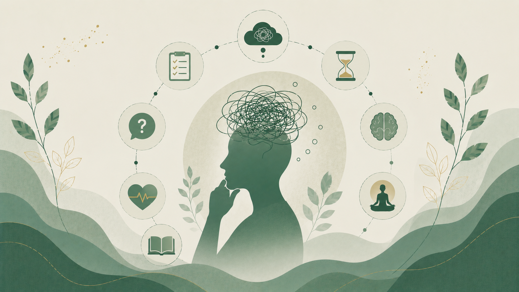 Minimalist editorial illustration representing overthinking with tangled thoughts, question marks, decision-making, mindfulness, and emotional well-being in soft sage green, cream, and muted gold tones.