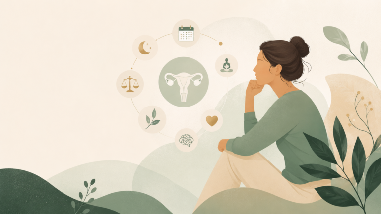 Calm minimalist illustration of a woman with symbolic menstrual cycle and hormonal health icons in soft sage and cream tones.