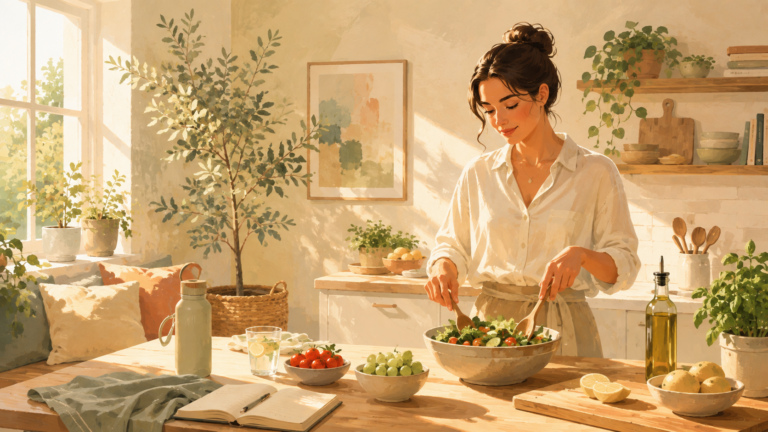 A woman prepares a fresh salad in a warm, sunlit kitchen surrounded by healthy ingredients, plants, and everyday wellness essentials.