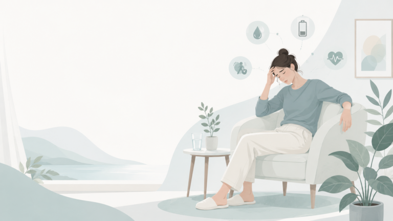 A clean editorial illustration of a woman feeling dizzy at home, with subtle wellness elements in soft sage, dusty blue, and warm cream tones.
