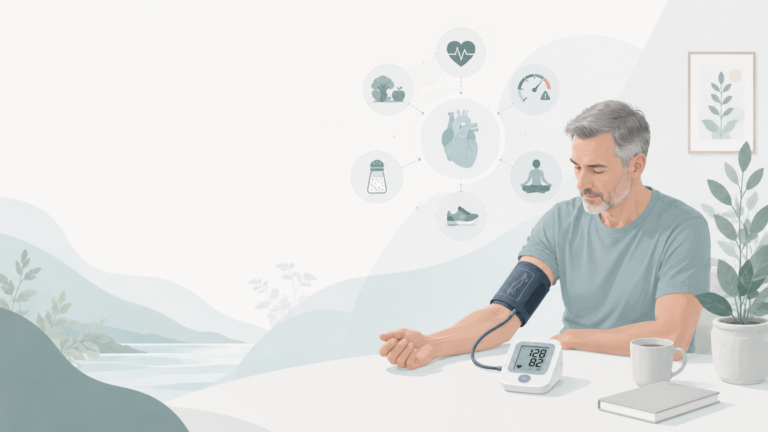 A clean editorial illustration of a man checking his blood pressure at home in a calm Scandinavian-inspired wellness style.