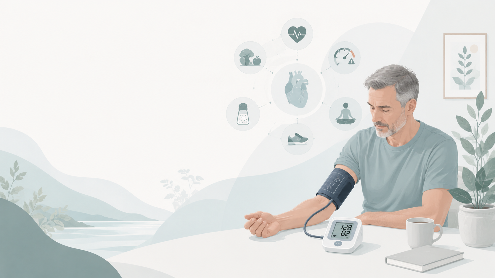 A clean editorial illustration of a man checking his blood pressure at home in a calm Scandinavian-inspired wellness style.