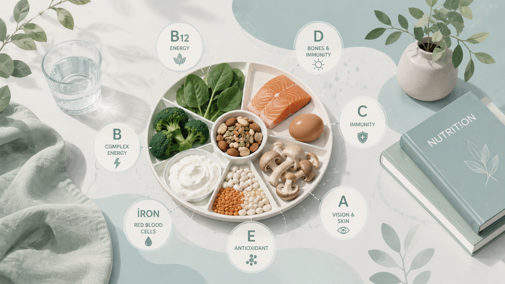 A clean editorial illustration of healthy foods and wellness elements representing common vitamin deficiencies in a soft Scandinavian-inspired style.