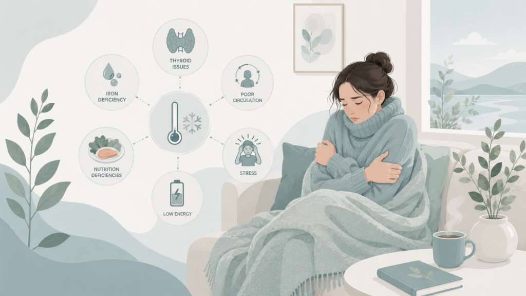 A clean editorial illustration of a woman wrapped in a blanket with subtle wellness elements representing common reasons for feeling cold in a soft Scandinavian-inspired style.