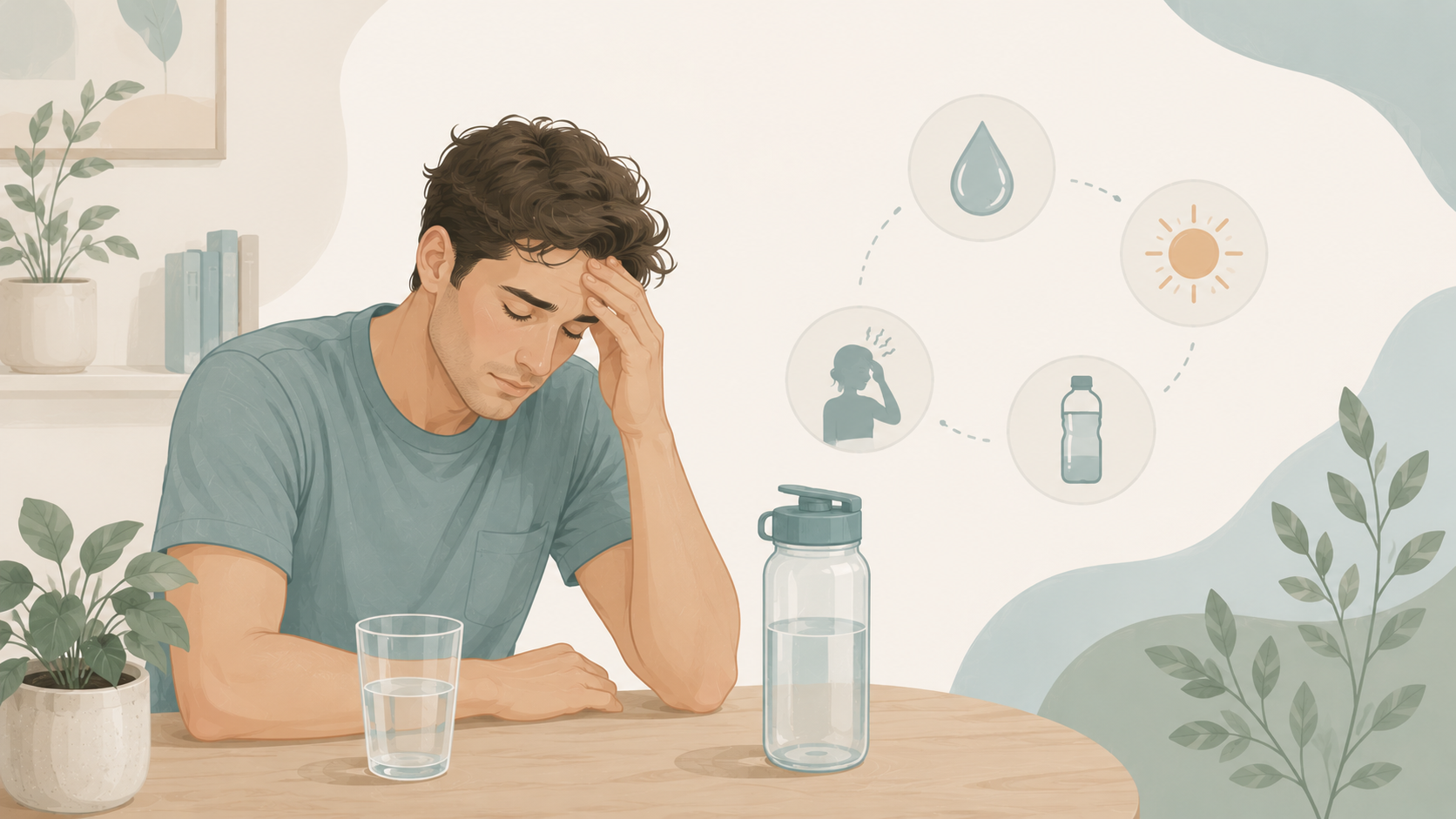 Illustration of a tired man sitting at a table with a glass of water and a reusable water bottle, holding his forehead while subtle hydration and wellness icons appear in the background.