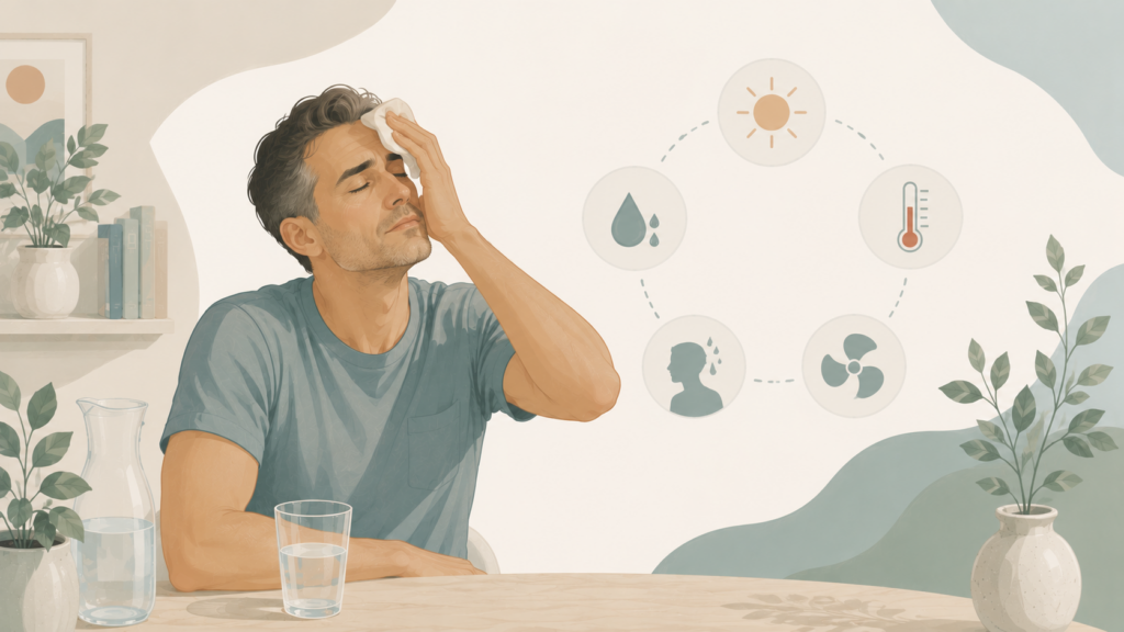 Illustration of a man cooling himself with a towel while sitting beside a glass of water, with subtle symbols representing heat, hydration, and airflow in a soft Scandinavian-inspired setting.