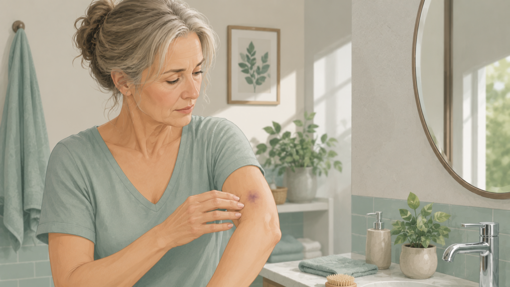 Illustration of a mature woman examining a bruise on her arm in a softly lit bathroom with natural, calming décor.