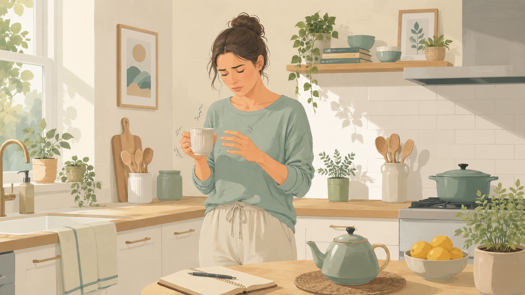 Illustration of a woman with trembling hands holding a mug in a bright, Scandinavian-style kitchen.