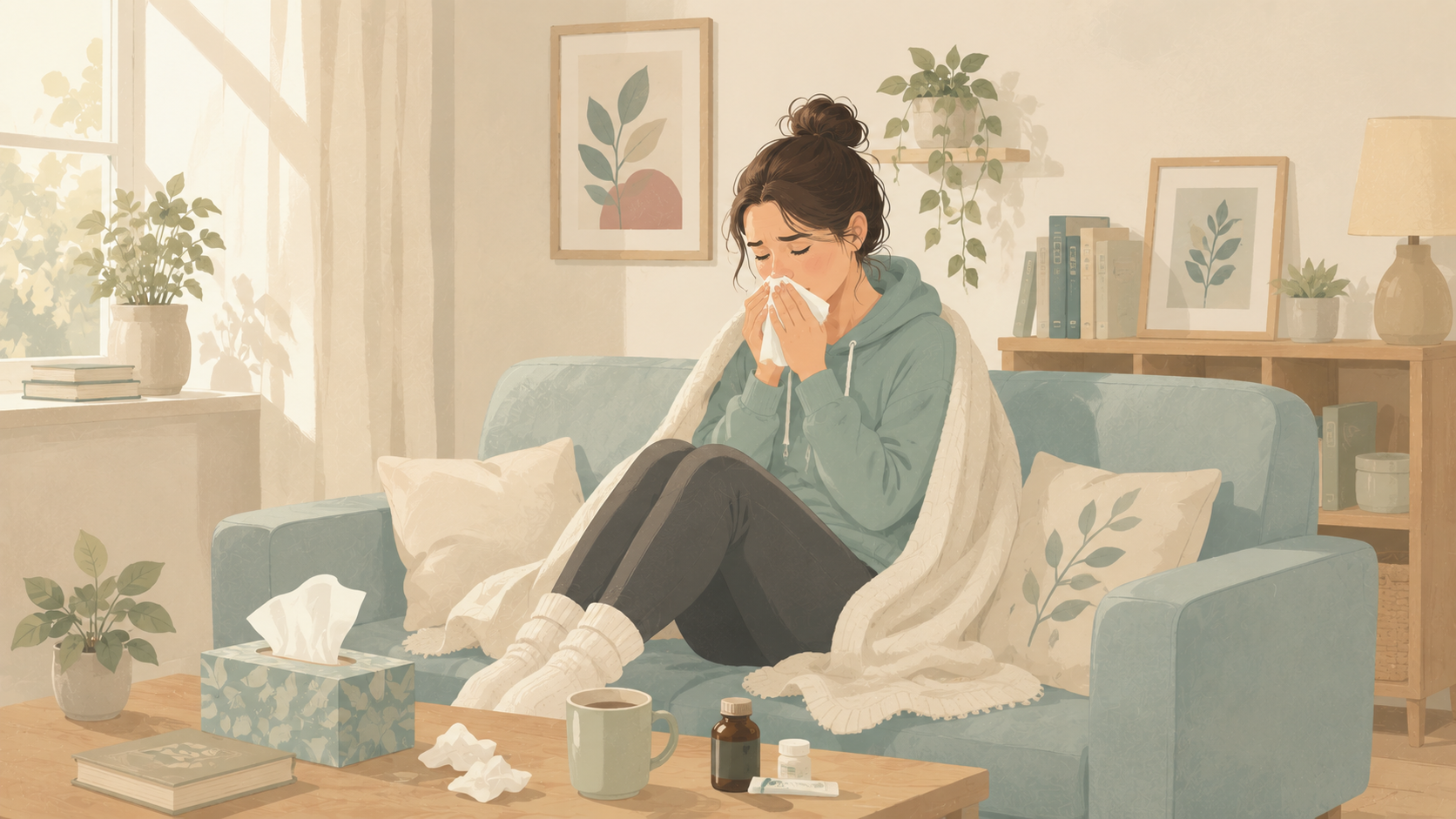 Illustration of a woman resting on a sofa with a blanket and tissue, surrounded by tea and everyday cold remedies in a cozy living room.