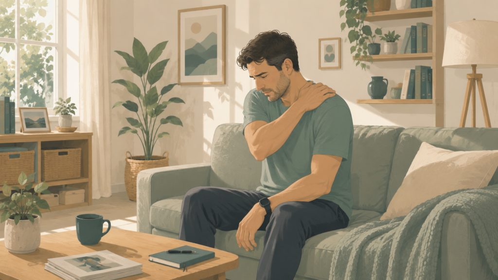 Illustration of a man sitting on a sofa while rubbing his shoulder in a bright, Scandinavian-inspired living room.